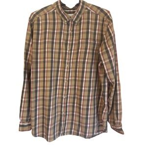 Columbia Mens Large Button Down Tan Red Shirt Long Sleeve Plaid Casual EUC-Note!